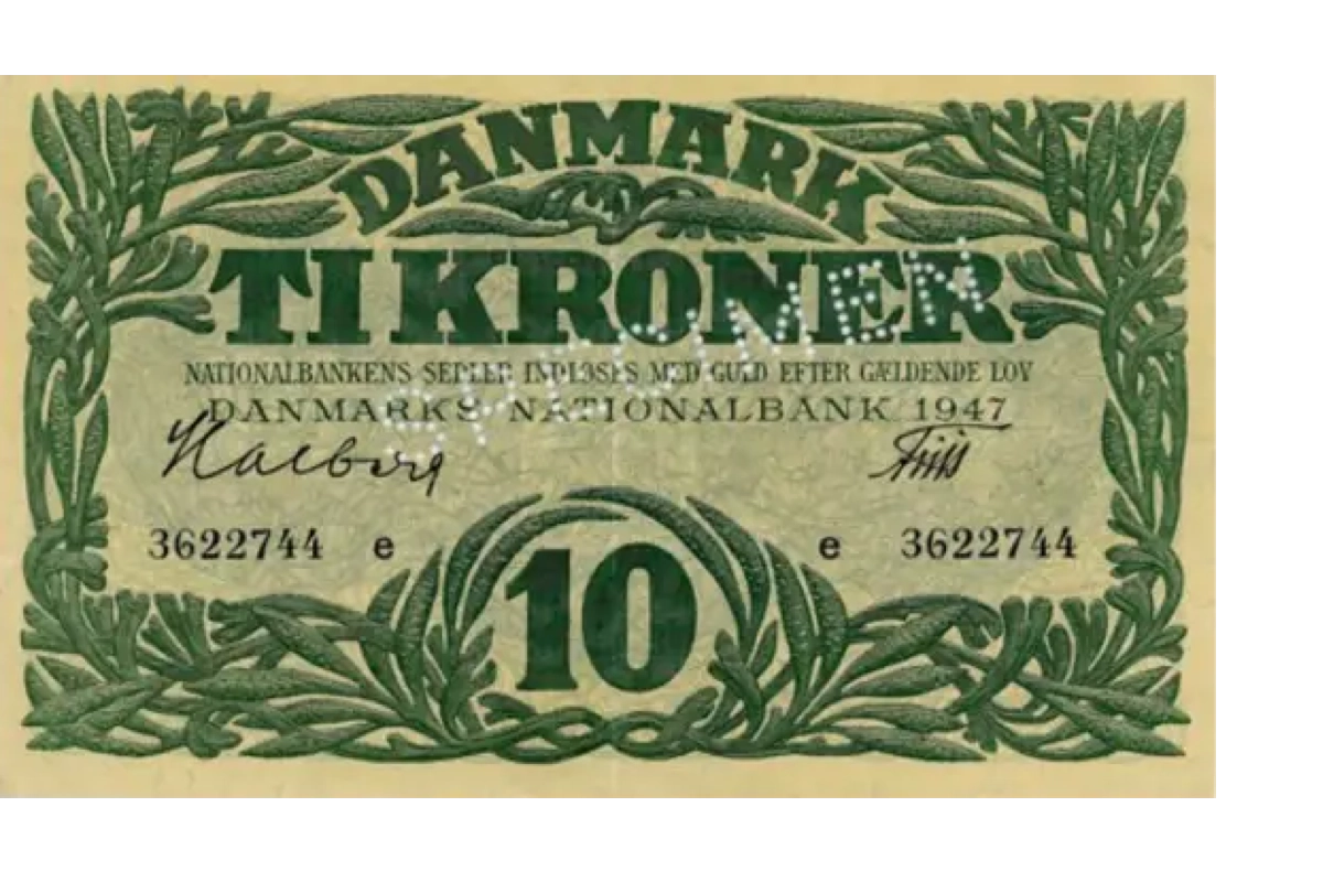 Hvad svarer en dansk 10-kroneseddel i 1949 til i 1950?