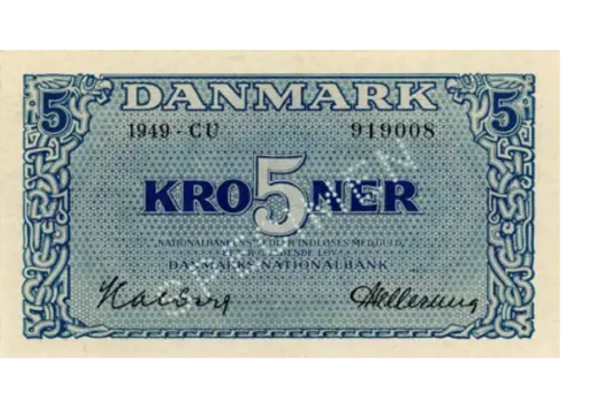 Hvad svarer en dansk 5-kroneseddel i 1949 til i 1950?