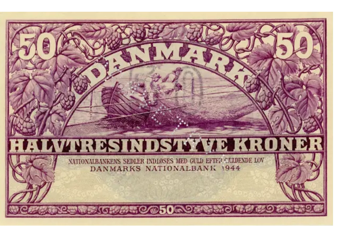 Hvad svarer en dansk 50-kroneseddel i 1949 til i 1950?